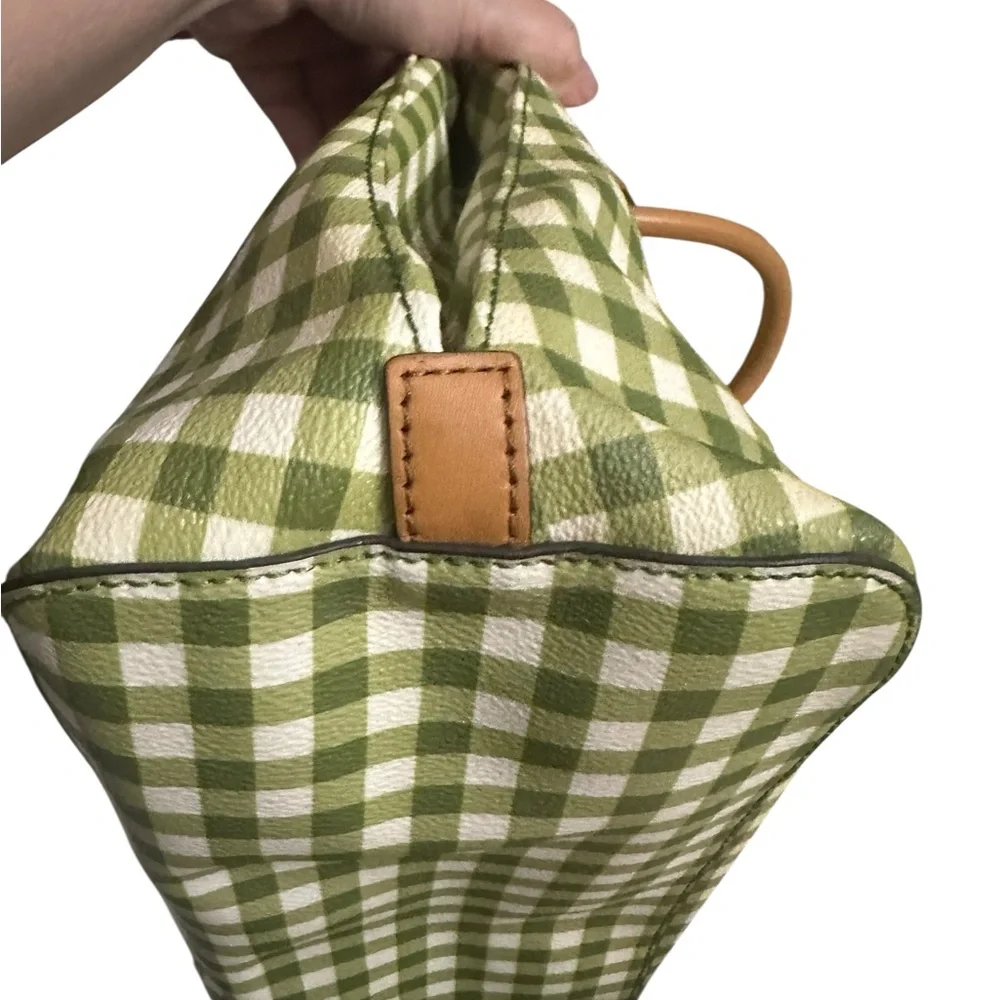 Tory Burch Kerrington Gingham Open Green Vinyl Tote w/ Leather Crossbody Strap